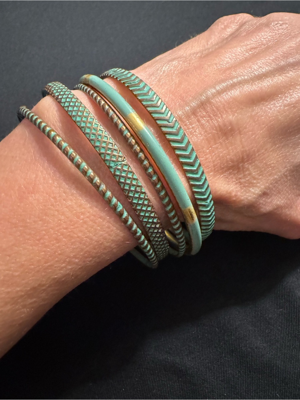 Set of 5 Turquoise & Gold Enamel Stackable Bangle Bracelets